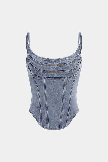 Denim top met ronde hals, naaddetails en ritssluiting.