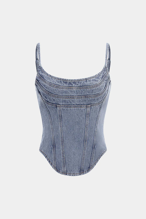 Denim top met ronde hals, naaddetails en ritssluiting.