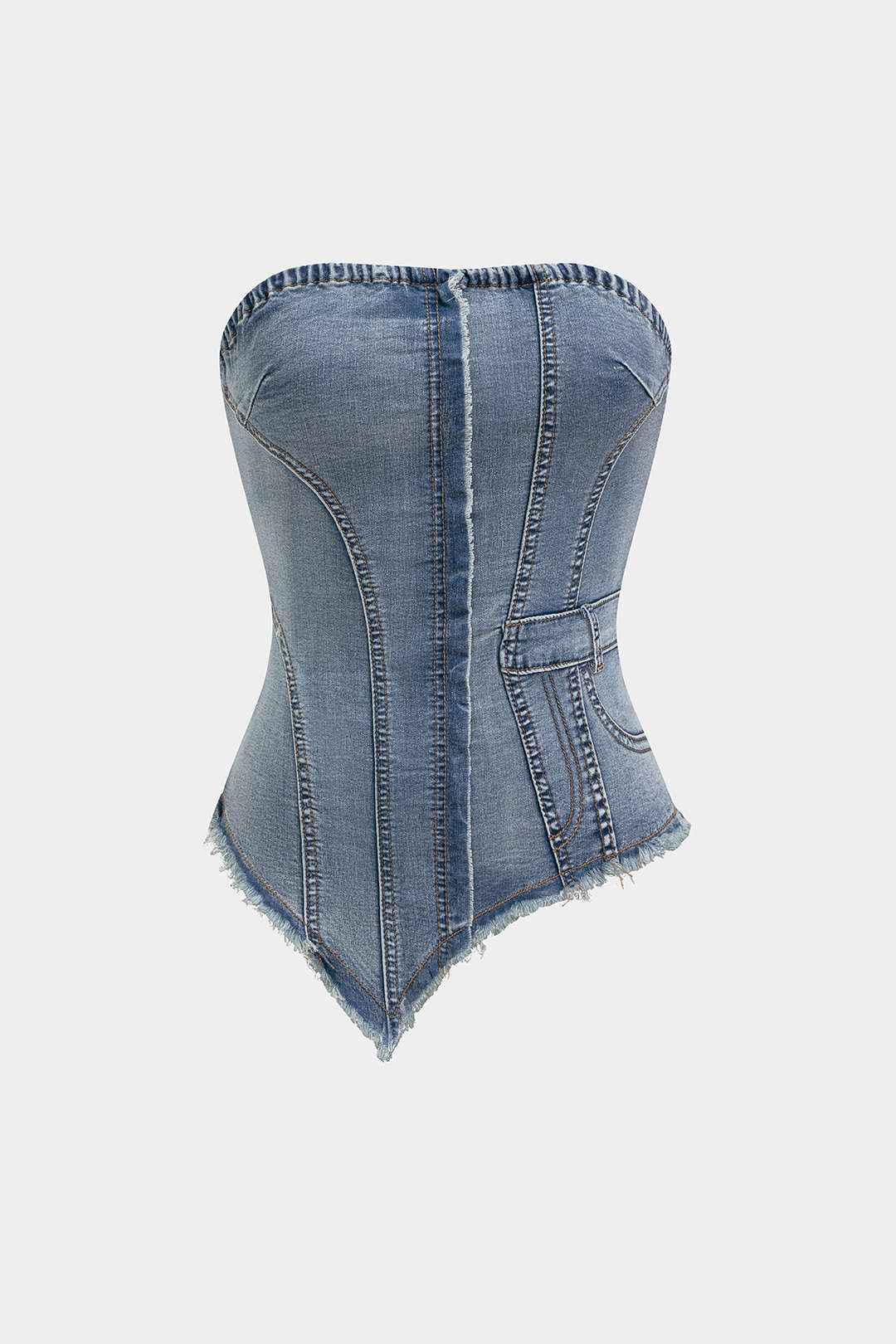 Denim asymmetrische strapless top met rafelrand