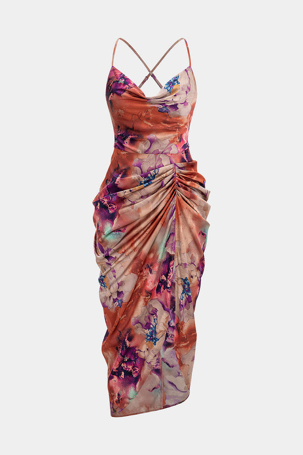 Elise - Bloemenprint satijnen midijurk met drapering en watervalhals