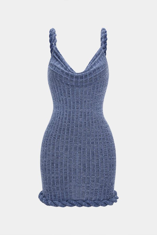 Mouwloze minijurk met watervalhals en gedraaid detail