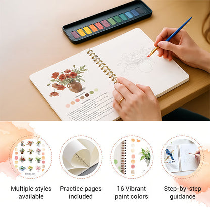 🎉Nieuwjaars Cadeau 50% KORTING!✨ Aquarelwerkboek voor Beginners (Met 16 Kleuren Verf) – Stap-voor-Stap Instructies, Oefenpagina's & Levendige Kleuren (Perfect voor Beginner Creatieven!)