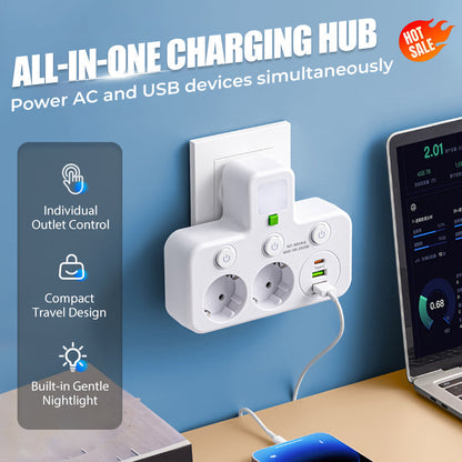 🎉Nieuwjaarscadeau 50% KORTING! 🔌 Slanke slimme stekkerdoos (USB + nachtlampje) – Individuele schakelaars en reisvriendelijk: Laad meerdere apparaten tegelijk!
