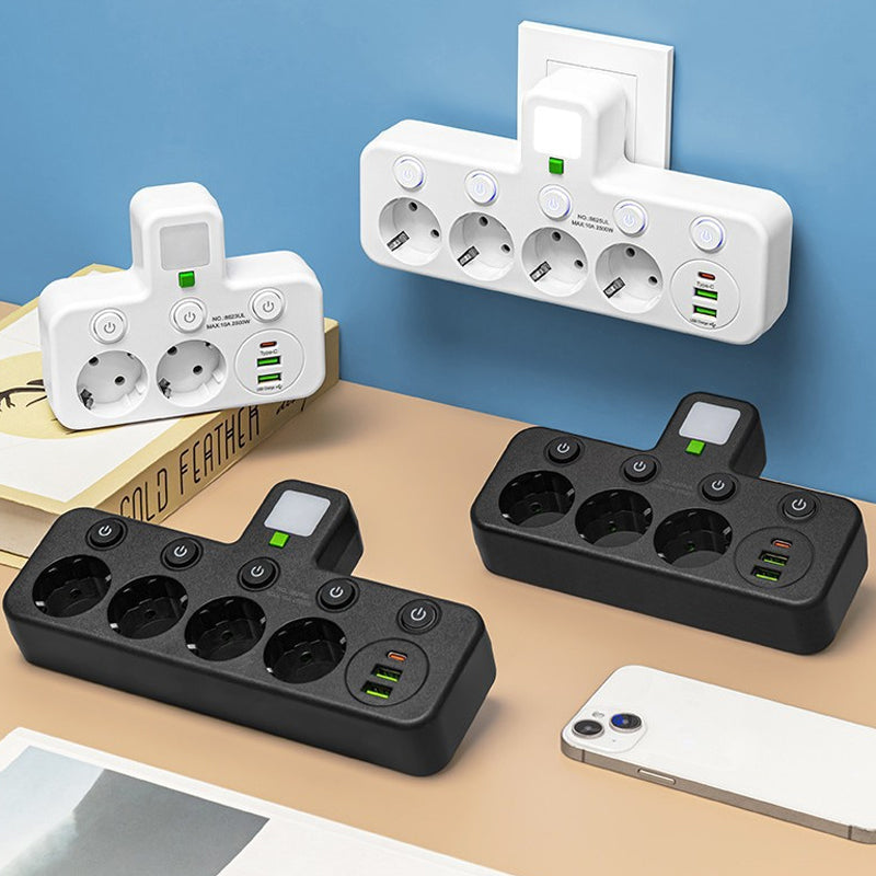 🎉Nieuwjaarscadeau 50% KORTING! 🔌 Slanke slimme stekkerdoos (USB + nachtlampje) – Individuele schakelaars en reisvriendelijk: Laad meerdere apparaten tegelijk!