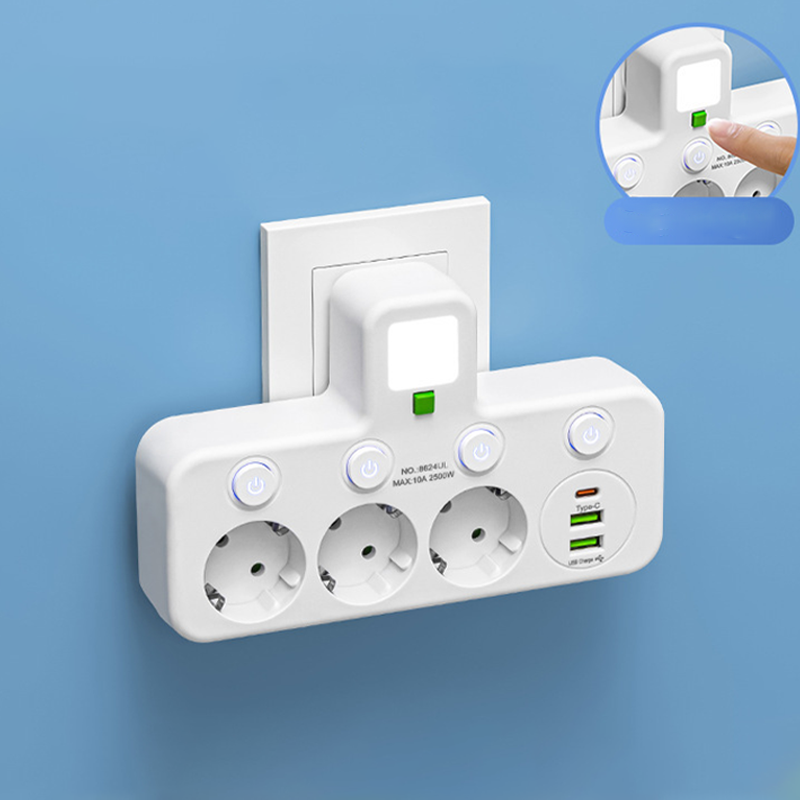 🎉Nieuwjaarscadeau 50% KORTING! 🔌 Slanke slimme stekkerdoos (USB + nachtlampje) – Individuele schakelaars en reisvriendelijk: Laad meerdere apparaten tegelijk!